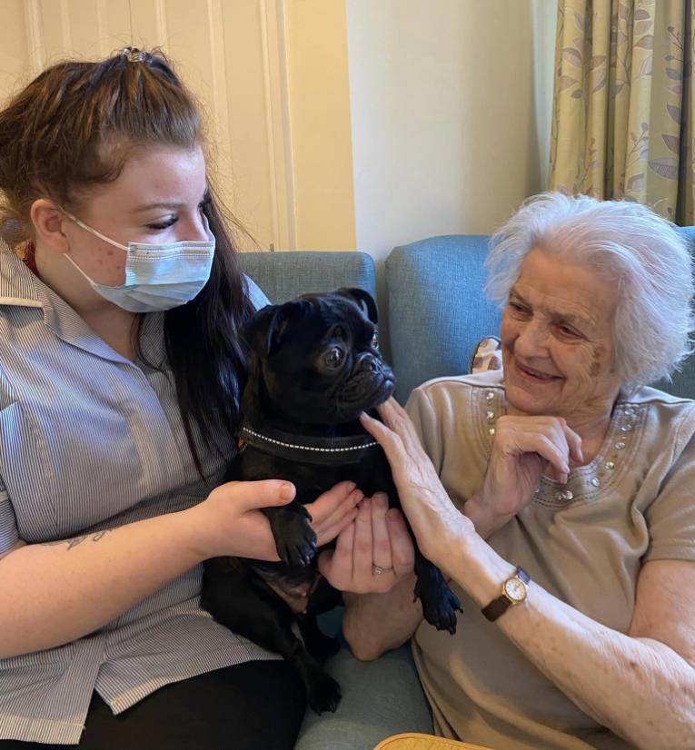 resident playing with a puppy and nurse