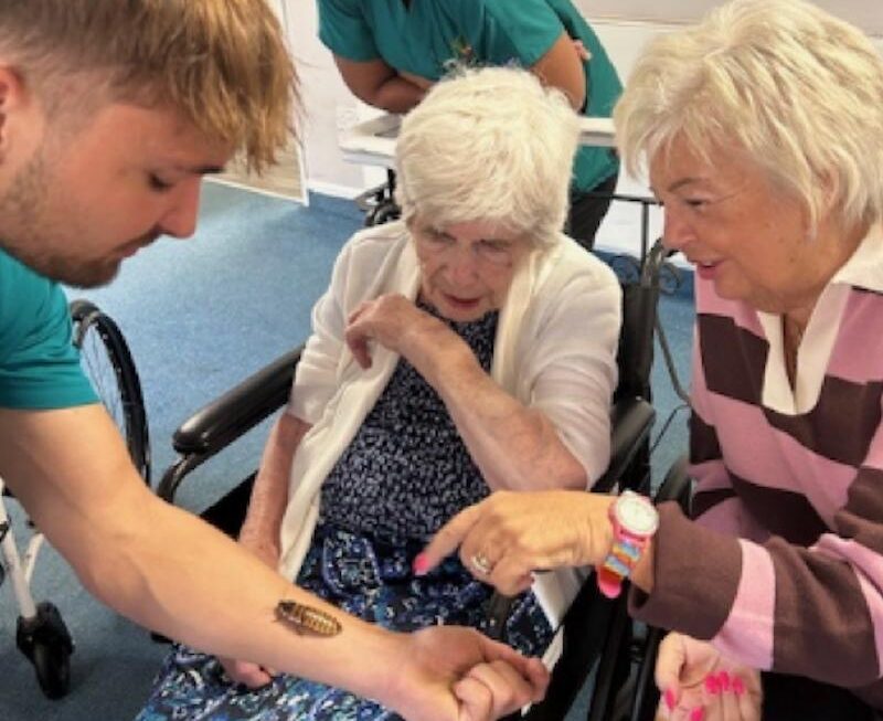 residents looking at beetles sat in a lounge